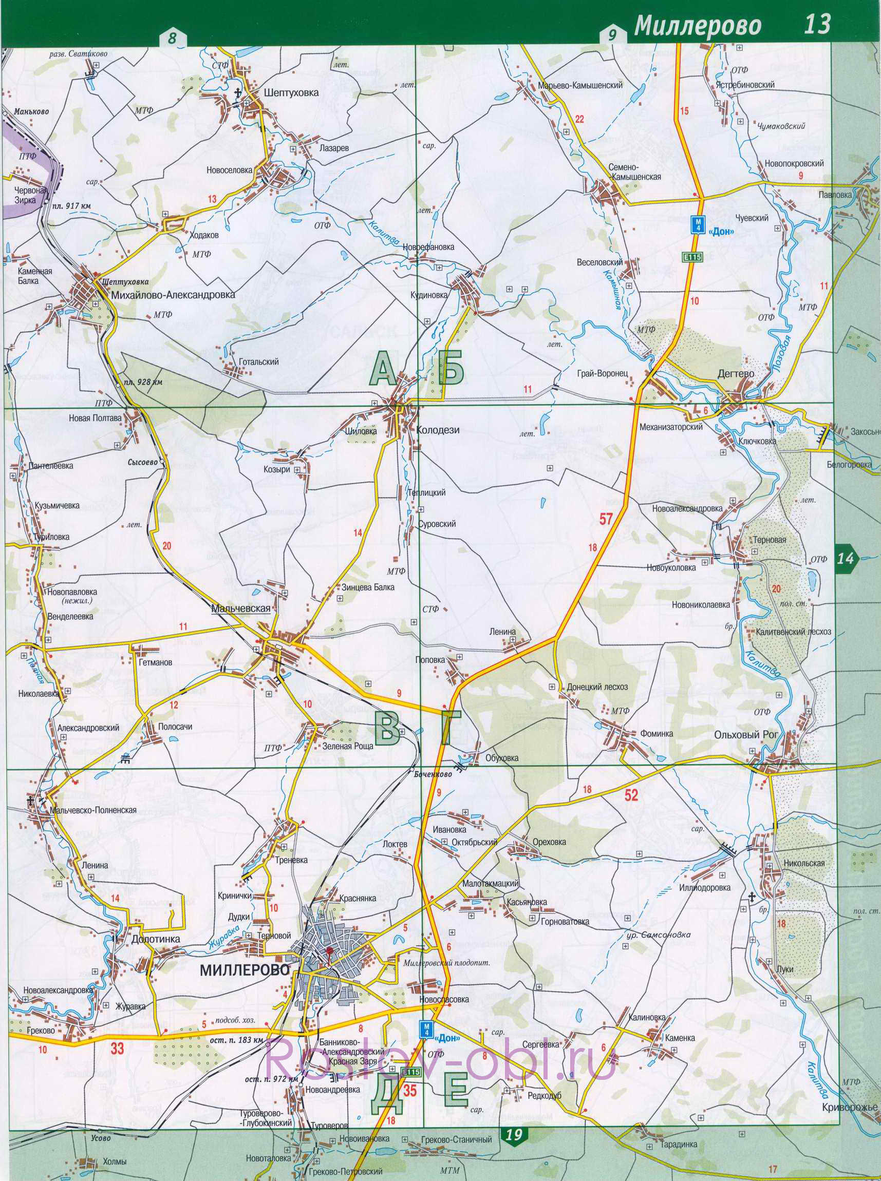 Карта Миллеровского района Ростовской области. Миллеровский район на подробной карте, B0 - 